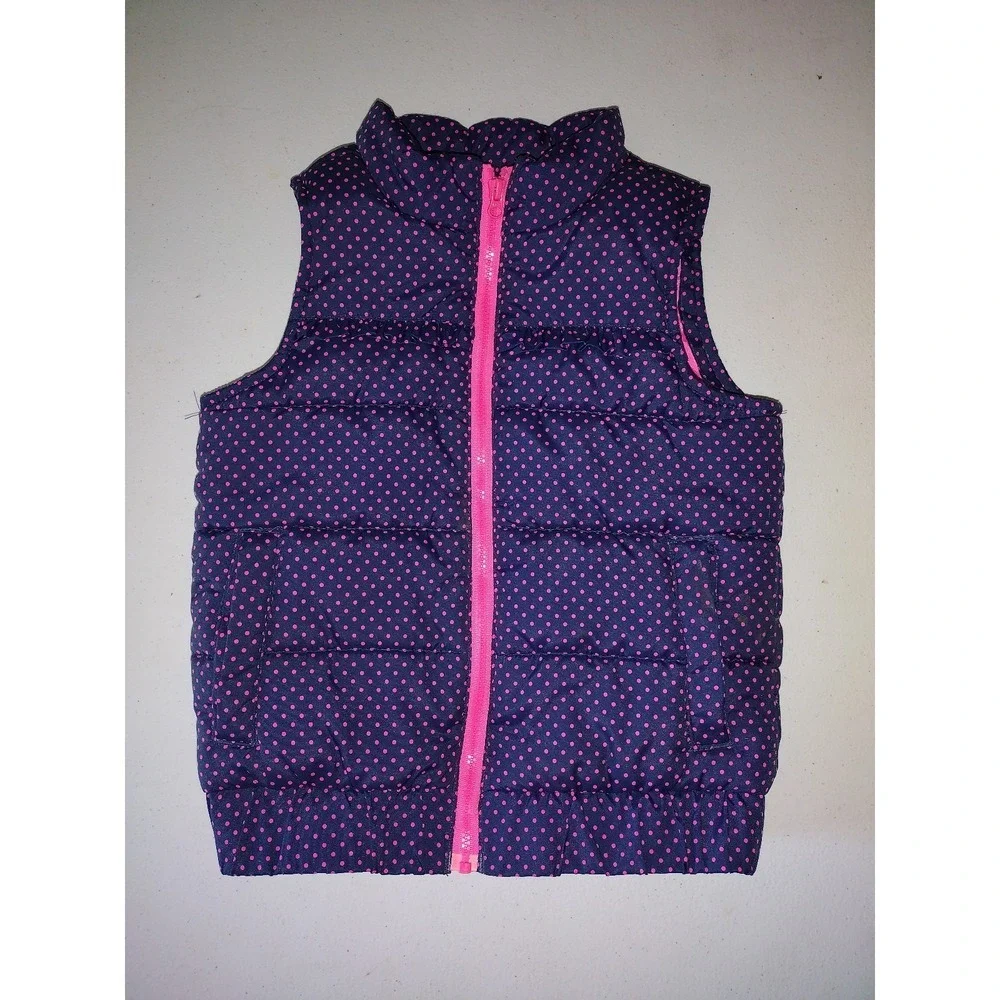 Genuine Kids‎ OshKosh Girls Navy Pink Polka Dot Puffer Vest 4T Full Zip Quilted